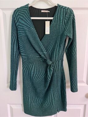 Francesca's Collections Teal Metallic Wrap Long-Sleeve Dress